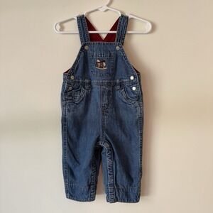 Gymboree Boys Overalls Denim Sleeveless Tractor Cotton Red Lined Size 3-6 Months